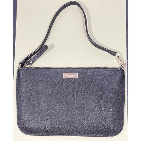 Kate Spade Lolly Newbury Pouch Wallet Wristlet Black Leather Strap Thin Logo - Picture 2 of 14